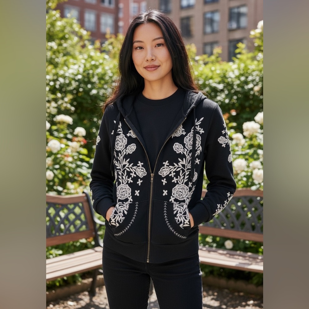 Y2K Black Zip Up Hoodie With Intricate White Floral Embroidery Fairy Grunge Boho